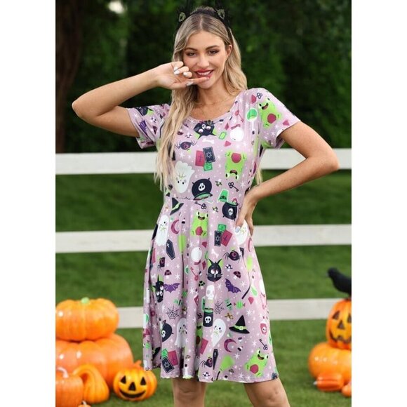 Women's Halloween Dress for Women Short Sleeves Printed Vintage Style Purple - Picture 3 of 6